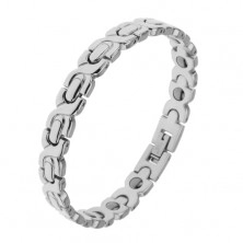 Rhodium plated bracelet made of 316L steel in silver colour, X-links and ovals, magnetic