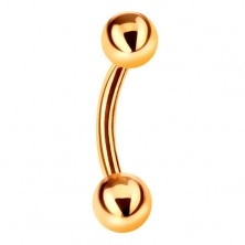 Piercing made of yellow 9K gold - bent barbell, two shiny smooth balls, 8 mm