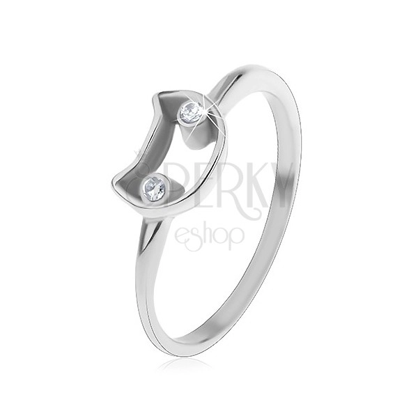 Ring for children, 316L steel, narrow shoulders, contour of cat with clear eyes