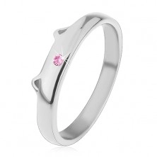 Steel ring for children in silver colour, tiny light pink zircon, cat's ears