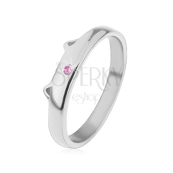 Steel ring for children in silver colour, tiny light pink zircon, cat's ears