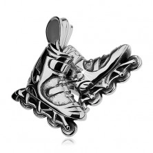 Steel pendant in silver colour, roller skates, gentle black patina