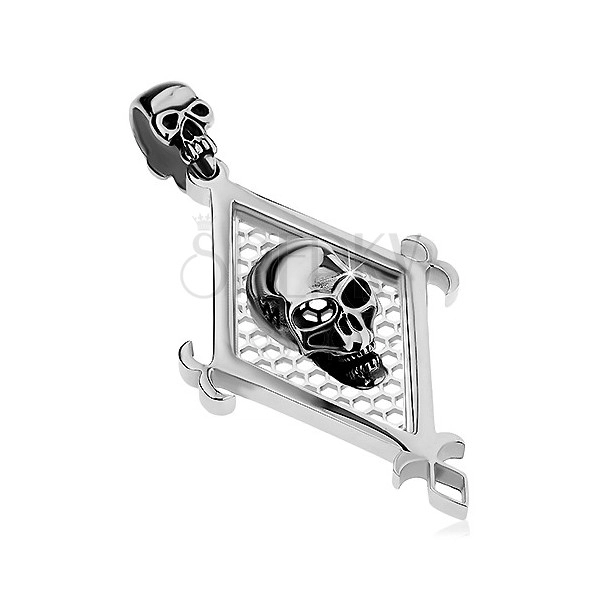 Pendant made of 316L steel in silver hue, big rhombus and two skulls