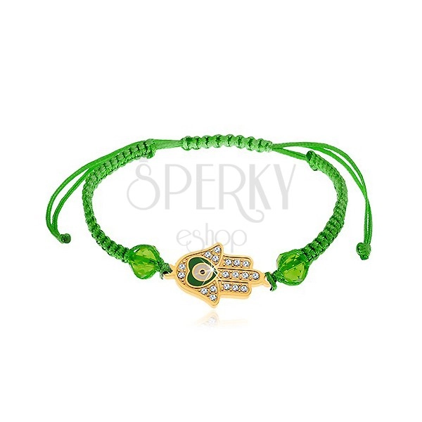 String bracelet in green colour, Fatima's hand, clear zircons, beads