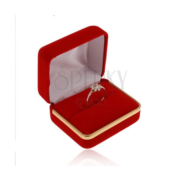 Velvet box for ring, smooth surface in red colour, strip in gold hue