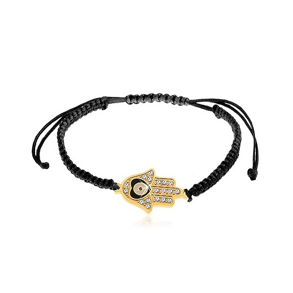 String bracelet for wrist in black colour, Hamsa symbol, clear zircons, heart