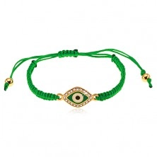 Plaited bracelet in dark green colour, symbol of eye decorated with clear zircons