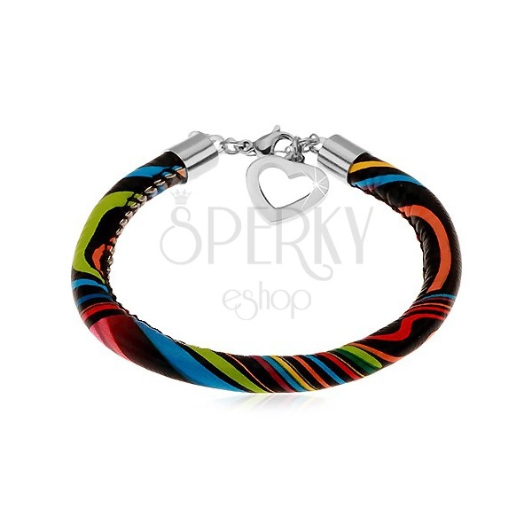 Black leatherette bracelet with asymmetric coloured lines, heart