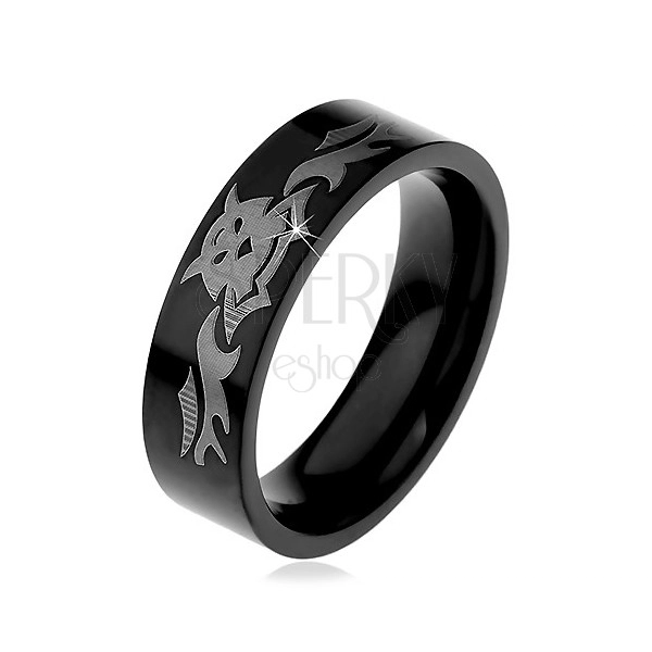 Steel ring, shiny black surface with motif of bats, 6 mm