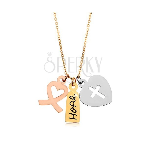 Necklace made of surgical steel, tricoloured pendants - two heart and inscription Hope 