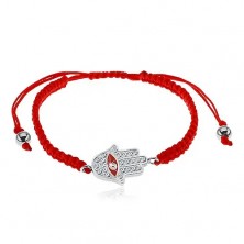 String bracelet in red colour, Fatima's hand, clear zircons, eye