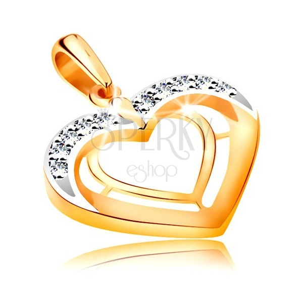 Pendant made of 14K gold - two heart contours in bicoloured version, zircons