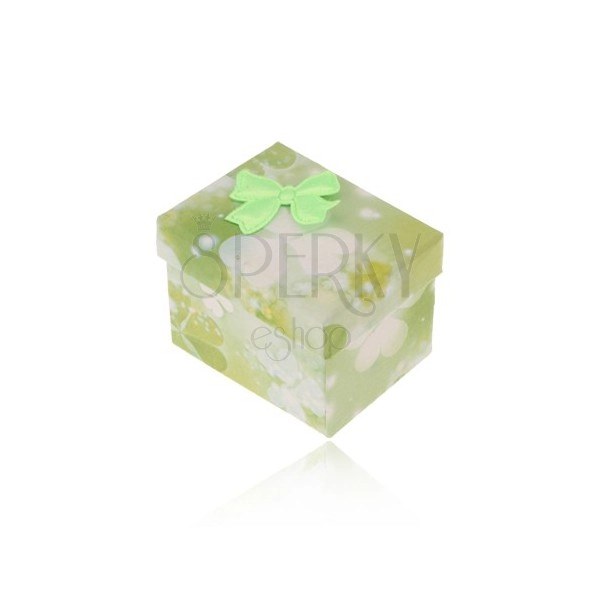 Green-white box for ring or earrings, imprint of trefoils, bow