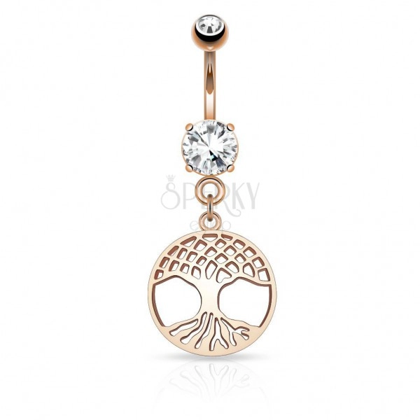 Steel bellybutton piercing in copper colour, cutout tree of life in circle