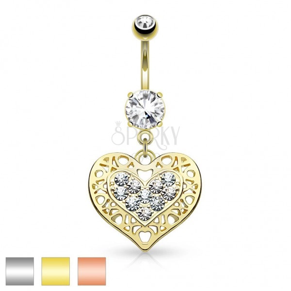 Bellybutton piercing made of surgical steel, heart with clear zircons and cutouts