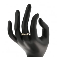 Ring made of 14K gold - divided intersecting lines of shoulders, round clear zircons