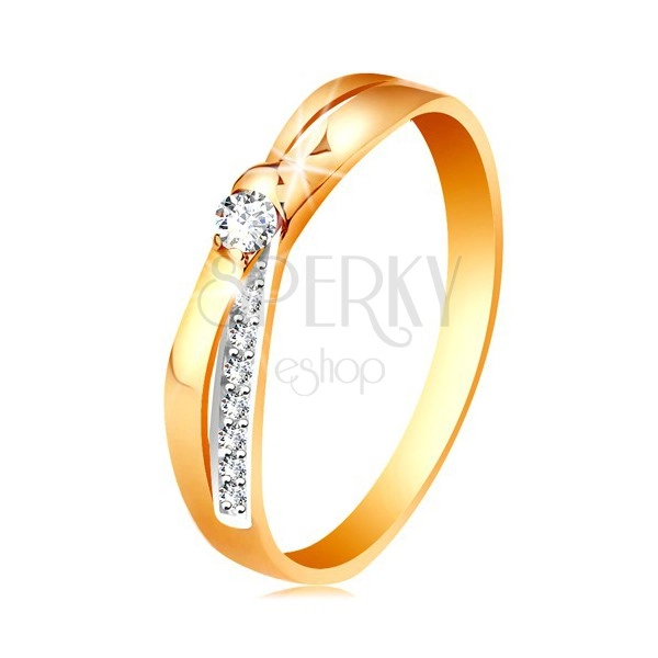 Ring made of 14K gold - divided intersecting lines of shoulders, round clear zircons