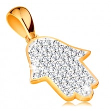 585 gold pendant - Hamsa symbol inlaid with lustrous clear zircons