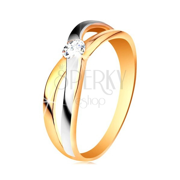 Ring made of 585 gold - round clear zircon, divided intersecting shoulders