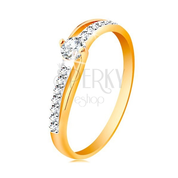 585 gold ring with divided bicoloured shoulders, clear zircons