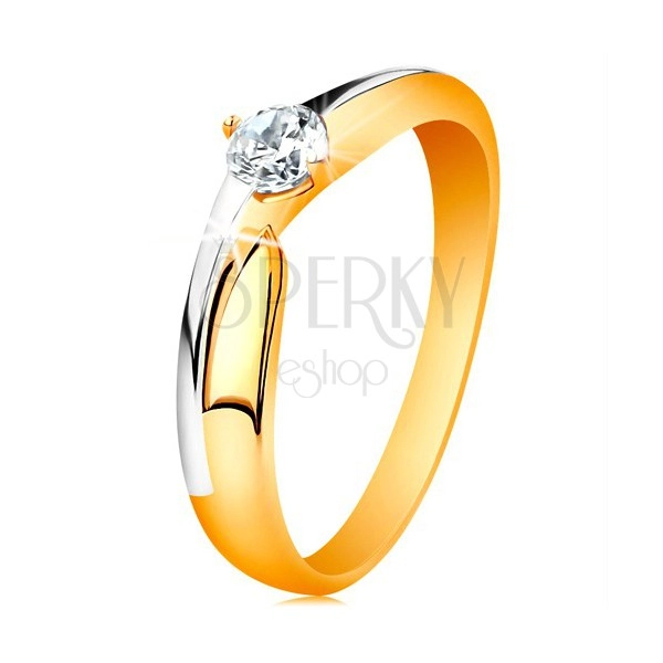 Ring made of 14K gold - bicoloured shoulders, glossy zircon in clear colour