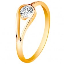 14K gold ring with narrow shiny shoulders, clear zircon in loop