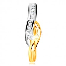 Ring made of 14K gold - bicoloured wavy shoulders, line of clear zircons and notch