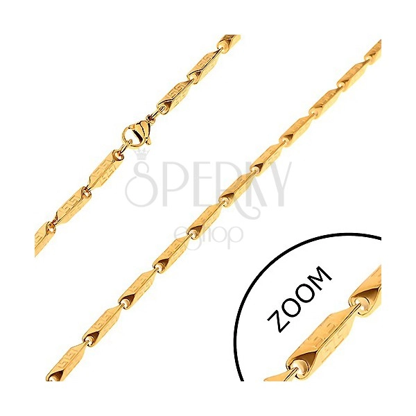 Steel chain in gold colour - wider angular links with Greek motif, 3 mm