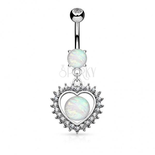 Bellybutton piercing made of 316L steel, heart with synthetic opal and zircons