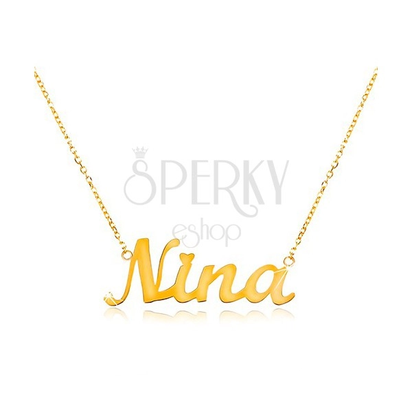 Necklace made of yellow 14K gold - thin chain, shiny pendant - name Nina