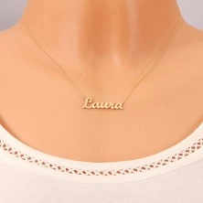 Necklace made of yellow 14K gold - thin glossy chain, shiny inscription Laura