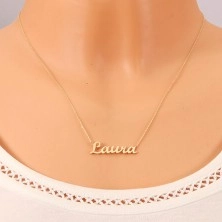 Necklace made of yellow 14K gold - thin glossy chain, shiny inscription Laura