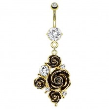 Bellybutton piercing made of 316L steel, black roses and transparent zircons