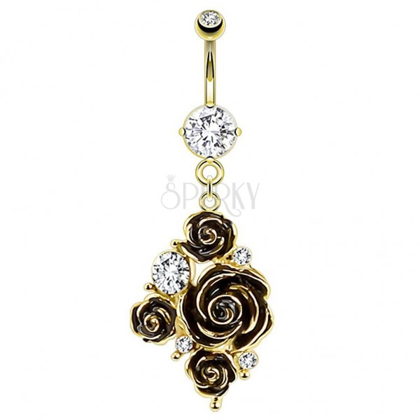 Bellybutton piercing made of 316L steel, black roses and transparent zircons