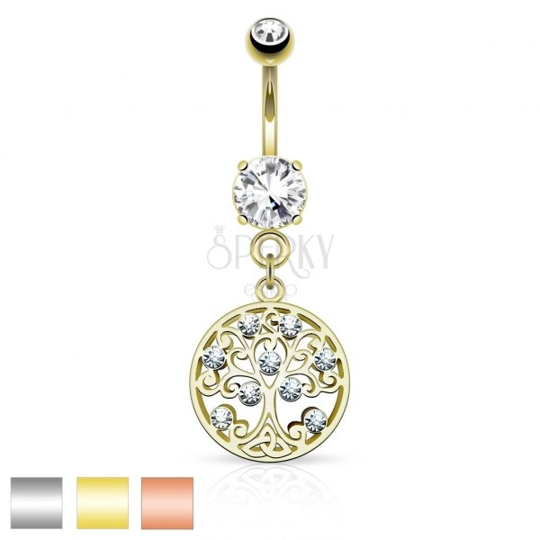Bellybutton piercing made of surgical steel, tree of life in circle, zircons