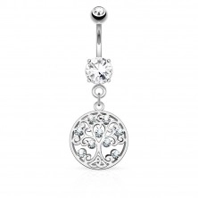 Bellybutton piercing made of surgical steel, tree of life in circle, zircons