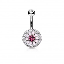 316L steel bellybutton piercing, glittering circle with colourful center and clear rim