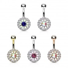 316L steel bellybutton piercing, glittering circle with colourful center and clear rim