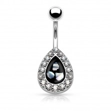 Steel bellybutton piercing, black drop with pieces of mother-of-pearl, rimmed with zircons