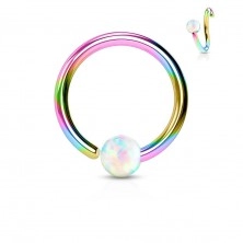 Piercing made of surgical steel, shiny rainbow circle with opal ball
