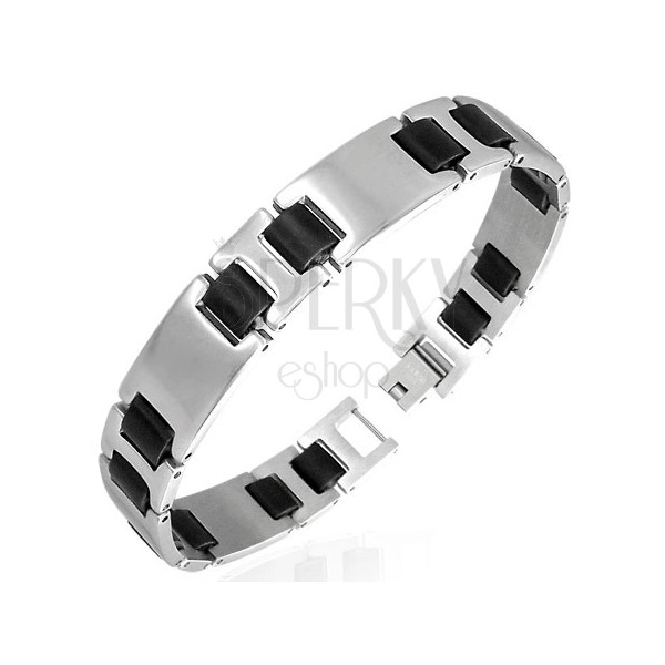 Steel bracelet, smooth links, silver and black
