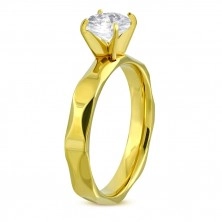 Engagement ring made of surgical steel in gold colour, cut shoulders, clear zircon