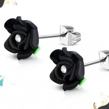 Earrings made of 316L steel, black rose made of FIMO material, clear zircon in the middle