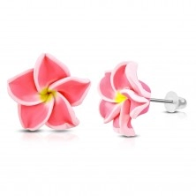 FIMO earrings, flower with neon pink petals and yellow centre