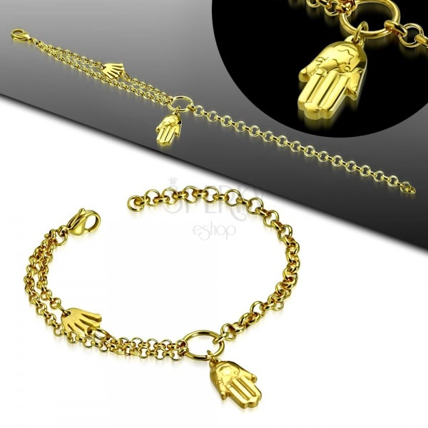 Steel bracelet in gold colour, two hands of Fatima, circle and double chain