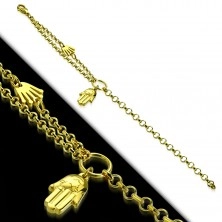 Steel bracelet in gold colour, two hands of Fatima, circle and double chain