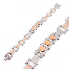 Surgical steel bracelet, plate with circles, shiny links, bicoloured