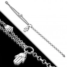 Steel bracelet in silver colour, two hands of Fatima, circle and double chain
