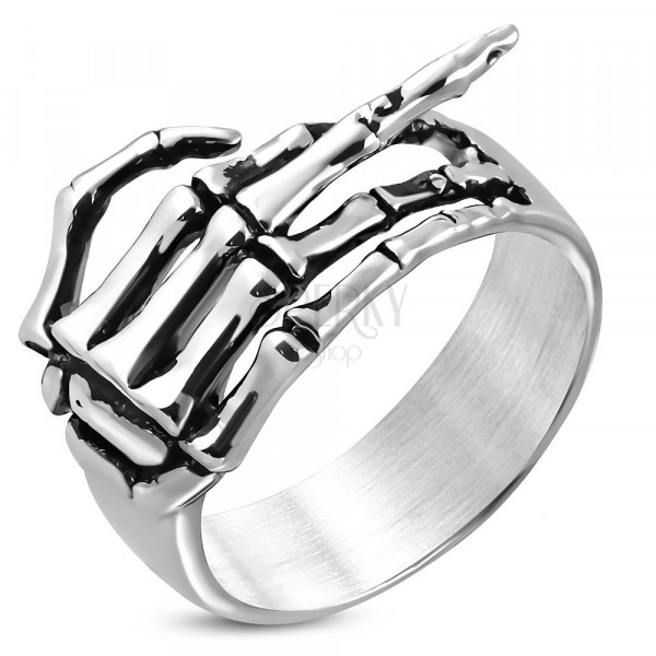 Ring made of surgical steel - skeleton of hand with raised finger, patina