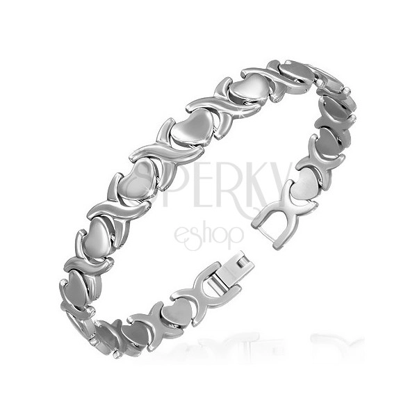 Steel bracelet in silver colour - matt hearts and shiny X links